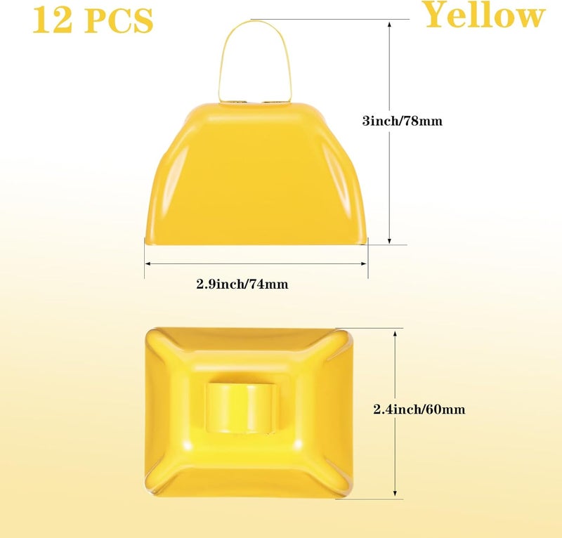HEYLEAYAR 3Inch Cowbells for Sporting Events,12Pcs Metal Cow Bells Bulk Loud Noise Makers Cow Bell with Handle for Cheering Football Games Spirit Marathon Weddings Party Noisemakers, Yellow - Image 2